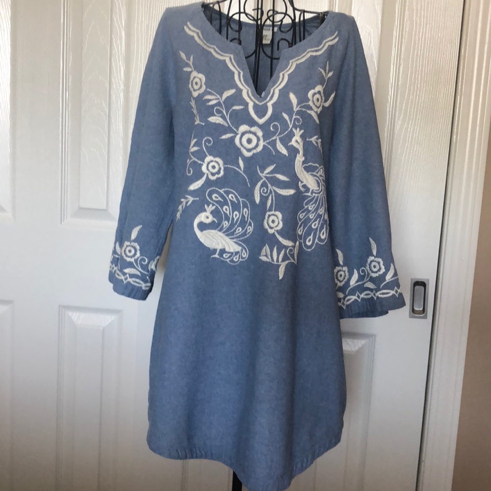 Denim Embroidered Tunic Dress with Bell Sleeve